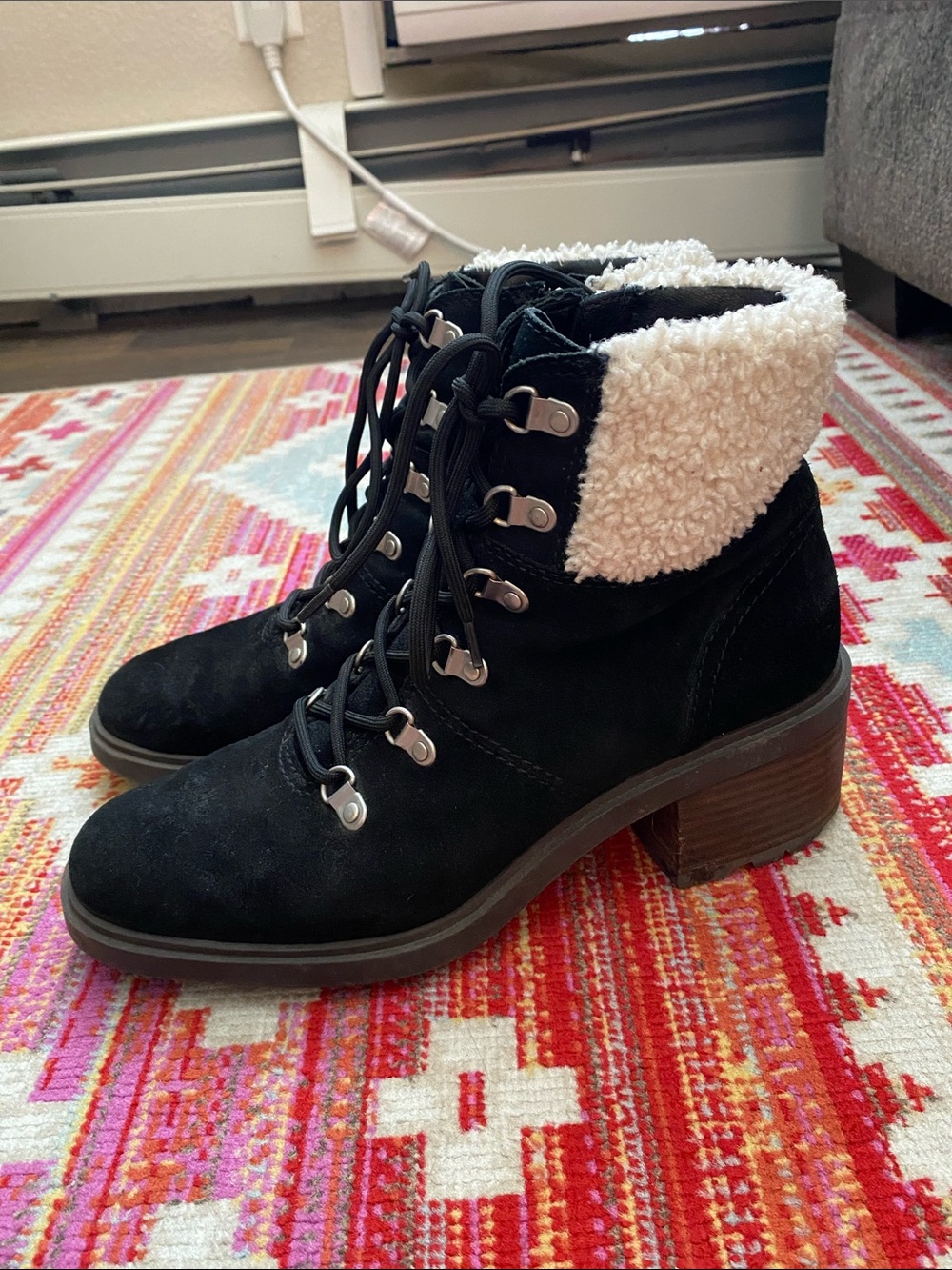 Lucky Brand Black Suede Lace-Up Ankle Boots with Cream Sherpa Collar
